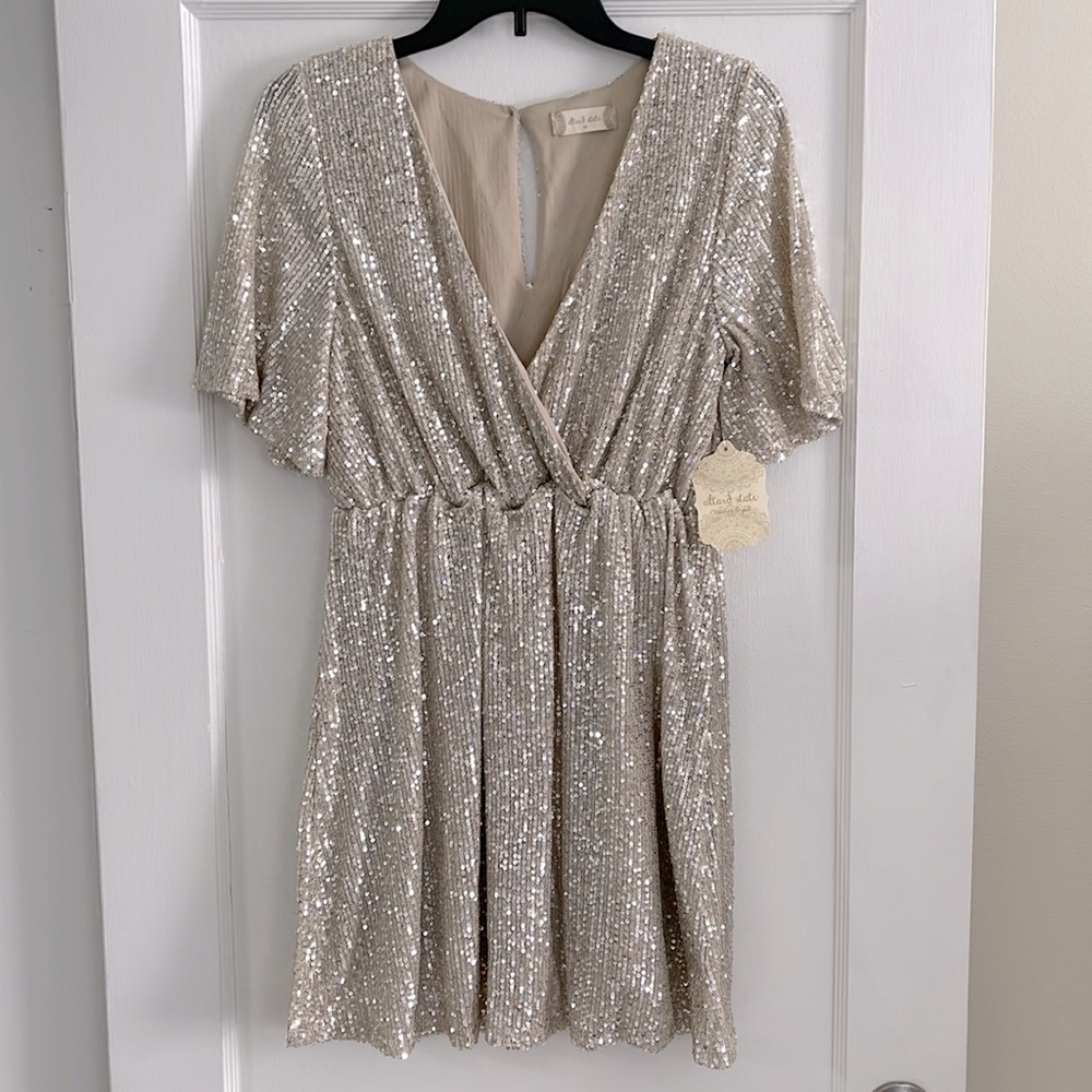 Altar’d State Champagne Sequin V-Neck Mini Dress